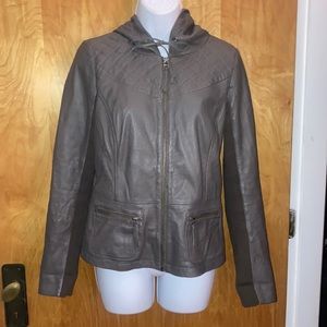 Gray/Brown Hinge Designed in Seattle Leather Hooded Jacket Size Small